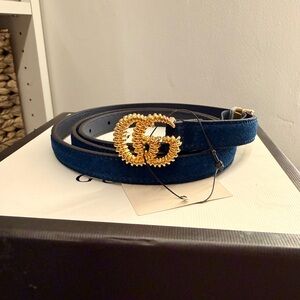 NWT Gucci Navy Suede Belt with Gold GG Buckle
